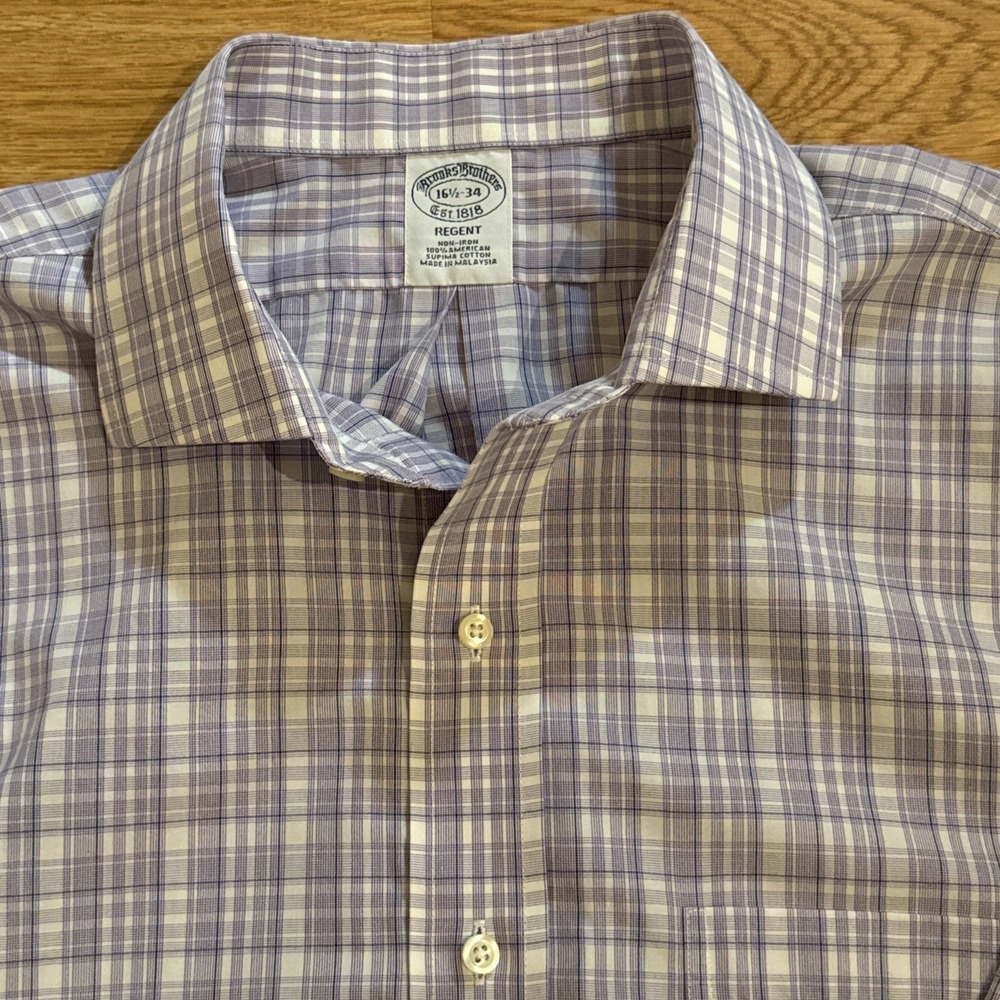 Brooks Brothers Shirt Men's 16.5-34 Regent Non-Iron Purple Plaid Supima‎ Cotton